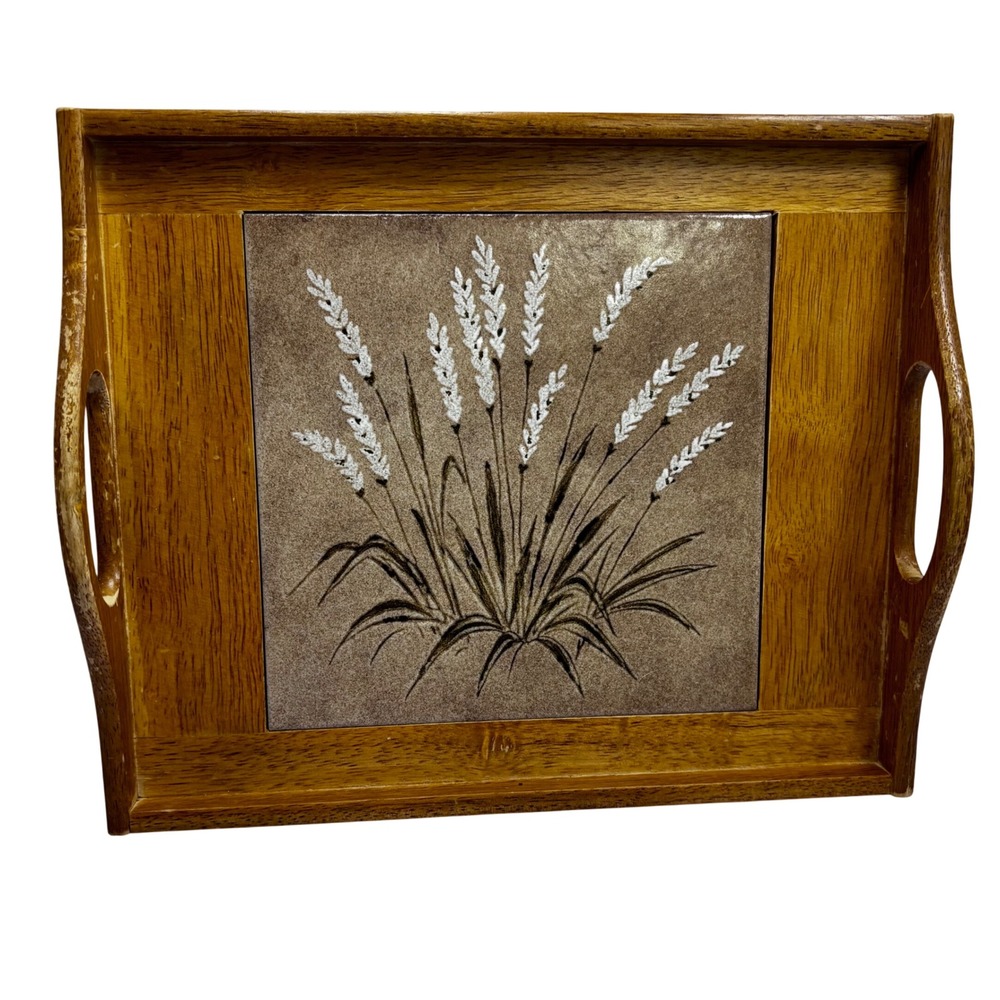 Vintage Wood Serving Tray Ceramic Tile Wheat Inset Handles Mid Century Rustic
